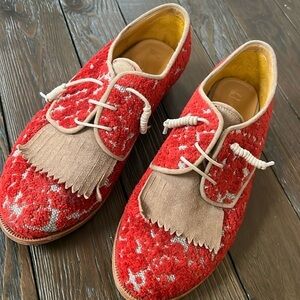 Valeria Bazante red velvet overlay/tan suede fancy unique loafers
